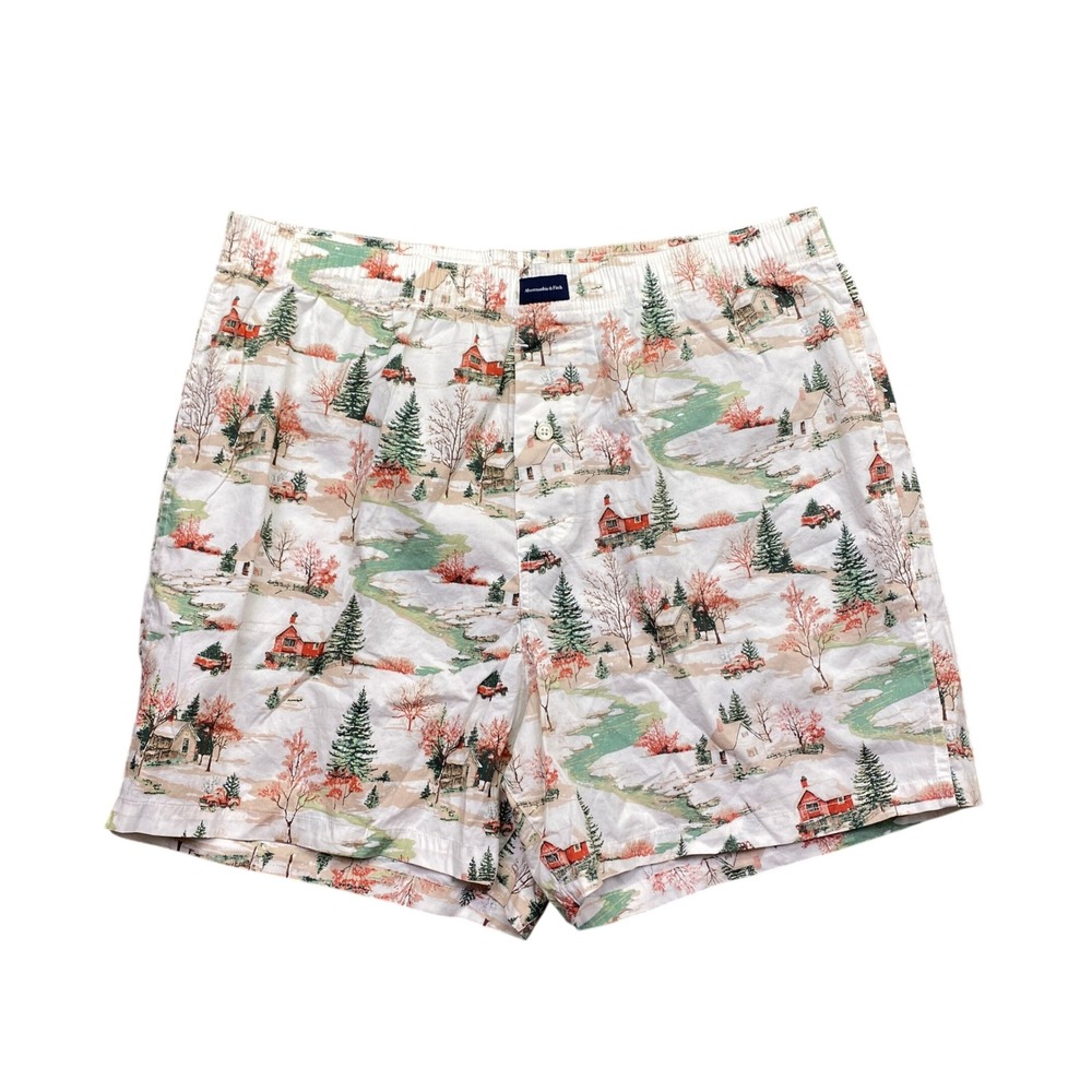 Abercrombie & Fitch Mens Large Boxer Shorts Christmas Winter Cabin Scene White